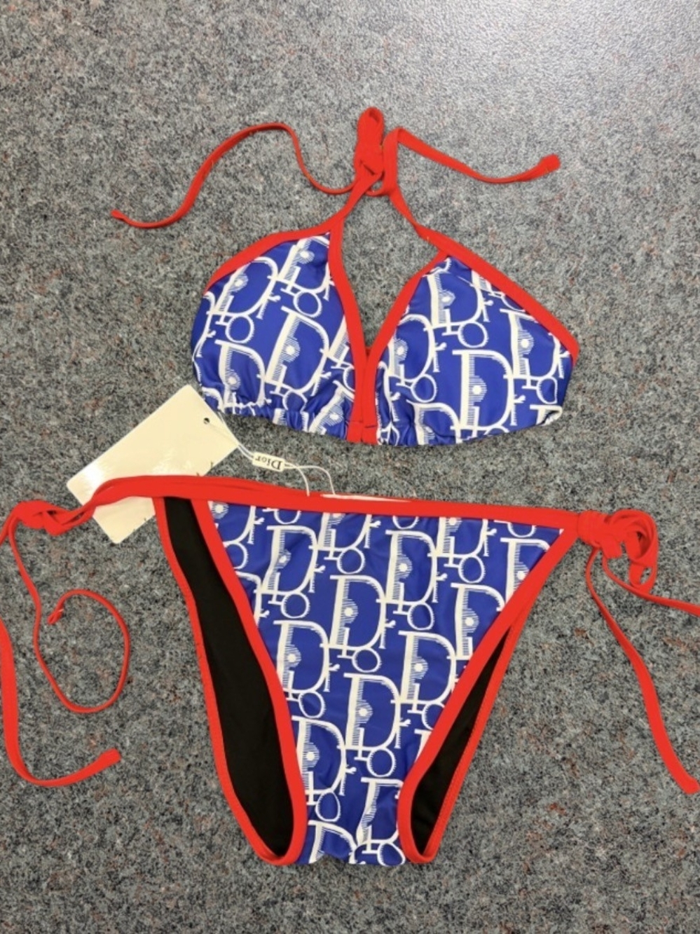 Dior Blue Logo Print Bikini with Red Trim